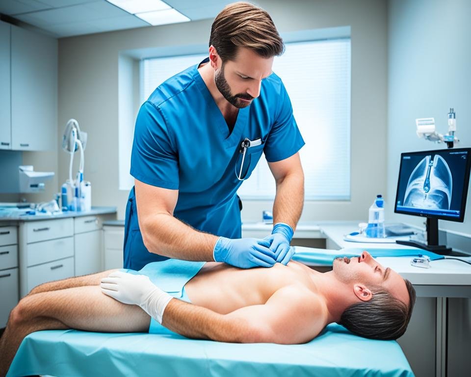 travailleur médical examinant une hernie inguinale travailleur médical examinant une hernie inguinale